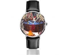Weihnachtsmann und mehrere Rentiere in einem Outdoor-Whirlpool Herren Lederarmband Uhren Casual Watch