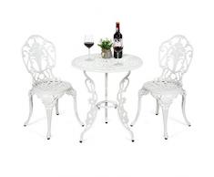 COSTWAY 3tlg. Antik Bistroset Sitzgruppe Balkonset Gartenset Sitzgarnitur Gartengarnitur Gartenmöbel Bistrotisch Gartentisch mit 2 Stühle Aluminiumguss (Weiß)