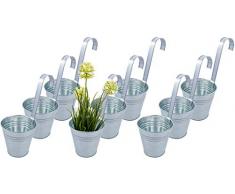 Monster24 9er Set Hängetopf Blumentopf Blumenübertopf Pflanztopf Kräutertopf mit Haken Silber Zink Durchmesser 13 cm/9 cm x Höhe 13 cm/29.5 cm für Balkon Terrasse Gartenzaun Gartenhaus Vase etc.