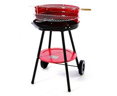 Nexos Rundgrill mit Ablage Grillwagen BBQ Grill Holzkohlegrill rot 70 x 40 cm Bratenspieß Windschutz Spritzschutz Räder Outdoor Terrasse Garten Balkon Standgrill freistehend Rost