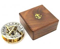 Sonnenuhr und Kompass, in Holzschachtel, aus Messing, poliert