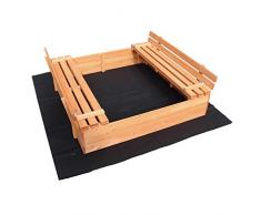 Wiltec Sandkasten Deckel klappbar 2 Sitzbänke 98x98x21 mm Fichtenholz Vliesboden Sandbox Buddelkasten