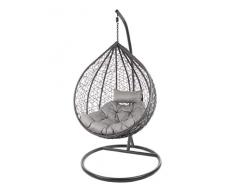 Kideo Komplettset: großer Hängesessel mit Gestell & Kissen, XXL Größe, Indoor & Outdoor, Poly-Rattan (Korb & Gestell: grau, Kissen: grau Chester-Stepp (8008_Cloud))