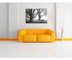 Baum und Bank im Nebel Kohle Effekt, Format: 60x40 auf Leinwand, XXL riesige Bilder fertig gerahmt mit Keilrahmen, Kunstdruck auf Wandbild mit Rahmen, günstiger als Gemälde oder Ölbild, kein Poster oder Plakat
