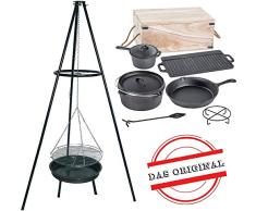 ACTIVA Schwenkgrill Grill Dutch Oven Set, Dreibein, Holzkiste, Topf, Pfanne, Grillrost, Gusseisen, Gulaschkessel