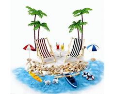 Strand-Mikrolandschaft Miniliegestuhl Strandkorb Sonnenschirm Kleine Palme Deko Accessoires, 16 Stück Miniatur-Ornament-Set für DIY Fee, Garten, Puppenhausdekoration, Einzigartiges Geschenk