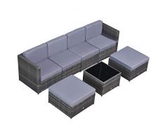 Outsunny 7-TLG. Polyrattan Gartengarnitur Gartenmöbel Garten-Set Sitzgruppe Loungeset Loungemöbel inkl. Fußhocker Sitzkissen Grau Stahl + Polyester 58 x 58 x 37 cm