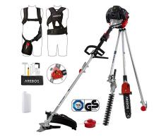 Arebos Premium Benzin Motorsense 5in1 Freischneider, 3PS, 52cc mit gepolsterter Profi-Weste, mit Verlängerung 1m, Heckenschere, verstellbarer Hochentaster, Rasentrimmer, Freischneider Aufsätze