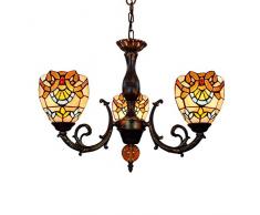SHENGLLA Vintage Tiffany-Art-3 Arme Kronleuchter Barock Handgefertigte Glasmalerei Hängeleuchten für Wohnzimmer Esszimmer Schlafzimmer Cafe, E27