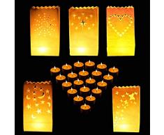 Lichttüten(50 Stück) - Flammwidrige, Wiederverwendbare, Weiß Leuchtsäcke für Party, Urlaubs und Hochzeitsdekorationen mit Teelicht Kerze - Star, Herz, Tüpfel, Mond und Schmetterlings Design Laternen