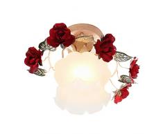 TPU Rote Rose Deckenlampe Handwerk Keramik Schmiedeeisen Kronleuchter Garten Rose Blume Pendelleuchte mit grünem Blatt Lampenschirm, E27 Birne