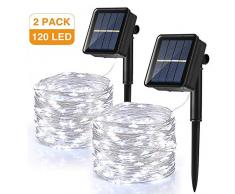[2 Stück] Solar Lichterkette Aussen Kaltweiss, BrizLabs 12M 120 LED Außen Kupferdraht Lichterkette Wasserdicht 8 Modus Solarlichterkette Innen für Garten Bäume Balkon Hochzeit Party Weihnachten Deko