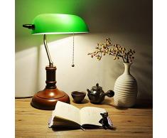 YSNJG Bankerlampe, GrüN Klassiker Schreibtischlampe Holzfuß Lampe Messing-Optik Geschwungenen Zugschalter und Led GlüHlampe 40W Verzierungen Der 30Er