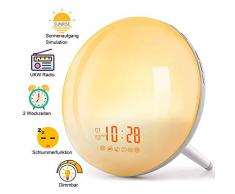 Lichtwecker, Wake Up Light, LED Kinder Nachtlicht mit 2 Alarme/Snooze/Schlafhilfe/Sonnenaufgang/Untergang-Simulation/7 Wecktöne/FM Radio 20 Helligkeitsstufe/16 Volumen einstellbar