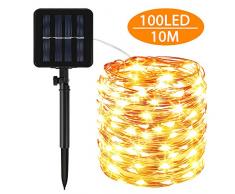 Solar Lichterkette Aussen, Vivibel 10M 100 LED LED Lichterkette Außen Wasserdicht KupferDraht 8 Modus Solarlichterkette Deko für Garten, Bäume, Weihnachten, Hochzeiten, Partys(Warmweiß)