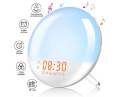 Elfeland Lichtwecker Tageslichtwecker Wake Up Light mit zwei Alarmen Sonnenauf- und untergangssimulation, Snooze Funktion, FM Radio, 20 Helligkeit, 7 Wecktöne Wecker mit Licht für Erwachsene Kinder