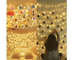 Amteker Led Foto Clip Lichterketten für Zimmer, 100 Led 10m Lichterkette mit Klammern für Fotos, Bilderrahmen Dekor für Innen, Haus, Weihnachten, Hochzeit, Schlafzimmer (50 Holzklammern & 20 Nägeln)