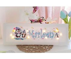 Leuchtbild mit Name - Wandlampe - Schlummerlampe Kinderzimmer personalisiert (Pinguin)