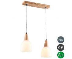 LED Holz Glas Pendelleuchte Höhenverstellbar Esszimmerlampe Kronleuchter Esstisch Lampe E27 2-Flammig Holzlampe Hängelampe Vintage Industrial Küche Hängeleuchte Innen Deko Decke Leuchte L34*13 cm