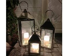 Mojawo Traumhaftes 3er Set XXL Gartenlaterne Edelstahl Windlicht Laternen Set Höhe 24/40/53cm + 3 LED Tropfen Lichterkette + 3er LED Echtwachskerze mit Farbwechsel