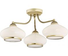 Deckenleuchte Weiß Glas Schirm Metall Messing Jugendstil bauchige Schirmform Ornament E27 3-flammig Deckenlampe Flur Wohnzimmerlampe