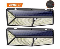 Solarlampen für Außen mit Bewegungsmelder,【288LED mit USB Wiederaufladbar 】VOOE Solarleuchten für Außen 2500 Lumen Solar Wasserdichte Wandleuchte Solar Aussenleuchte Solarlicht für Garten-2 Stück