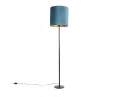 QAZQA Landhaus/Vintage/Rustikal Schwarze Stehlampe mit Samtschirm blau mit Gold/Messing 40 cm - Simplo/Innenbeleuchtung/Wohnzimmerlampe/Schlafzimmer Textil/Stahl Zylinder/Länglich/Rund