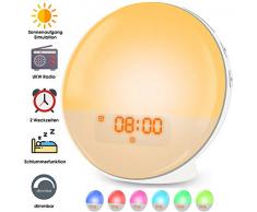 Lichtwecker LED Wake Up Light, Wecker mit Sonnenaufgangssimulation, Tageslichtwecker FM Radio Wecker mit Licht 7 Farben, 7 Wecktöne Wecker Kinder Alarm Clock Digital Uhr Nachtlicht Nachttischlampe