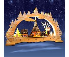 LED - Schwibbogen Lichterbogen Leuchter Seiffener Kirche 10flammig innenbeleuchtet natur / farbig aus Holz ca. 45 cm breit Trafobetrieb möglich Weihnachten Advent Geschenk (84021)