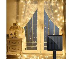 Solar-LED Lichtervorhang, DINOWIN Vorhang Lichterkette 300 LEDs 3M*3M Wasserdicht Lichtervorhang für Weihnachten, Partydekoration, Innenbeleuchtung, 8 Lichtprogramme (Warmweiß)