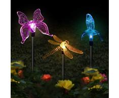 3er Set Solarleuchten Garten Solar Stableuchten Farbwechsel LED Libelle Kolibri Schmetterling Solarlampen für Garten, Balkon und Terrasse von Sunboia