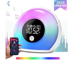 Lichtwecker, Ecomono Wecker mit Licht Musik für Kinder, Wecker Lampe mit Bluetooth Lautsprecher, Nachtlampe Reisewecker mit Vibration Induction/4 Helligkeit/5 Farbwechsel/3 Klingeltöne für Geschenk