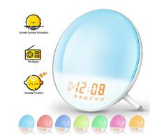 solawill Lichtwecker, Wake Up Light Sonnenauf-untergang Simulation Wecker mit 7 Wecktöne FM Radio Snooze Funktion 7 Farbige 20 Dimmstufen Touch Control Nachttischlampe für Erwachsene und Kinder
