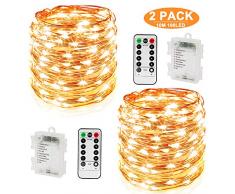2er Stück 10M 100 LED Lichterkette 8 Modi Außenbeleuchtung Batteriebetrieben Kupferdraht Wasserdicht IP67 mit Fernbedienung und Timer für Outdoor, Innenbeleuchtung,Weihnacht und Deko-Warmweiß