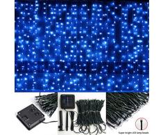 Lichtervorhang Solar Außen 2m x2m,Vorhang Lichterkette,8 Modus,200 LED Wand Fenster Hintergrund Dekor Lichterketten für Party Zuhause Garten pavillon BBQ RV Geburtstag Dekor,Dunkelgrünes Kabel-Blau