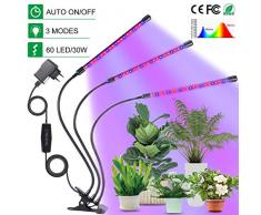 Chefic Pflanzenlampe 30W, 60 LEDs Einstellbar Pflanzenlicht IP55 Wasserdicht Vollspektrum, mit Automatische Zeitschaltuhr/ 3H/6H/12H Timer/3 Lichtmodus/Dimmbar 6 Lichtstärken Funktionen Plant Light
