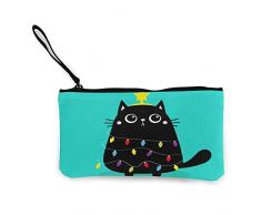 Bearget Merry Christmas Cat Tannengirlande mit Lichtern, süßes Leinengeld, Geldbörse, Geldbörse, Geldbörse, Handgelenkschlaufe, Make-up-Stiftmäppchen für Damen und Mädchen, personalisierbar