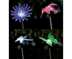 4er Set LED Solar Gartenstecker - Solarstecker mit Farbwechsel (Schmetterling, Libelle, Blume, Kolibri) Solarleuchte Dekoleuchte solar figur