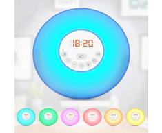 B.K.Licht I LED Wecker I Lichtwecker I Digitaluhr I Sonnenaufgang-Funktion I FM Radiowecker I 7 Farben und Farbwechsel I 7 Wecktöne I 10 Dimmstufen I Snooze I Ø17cm