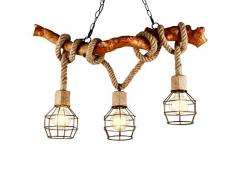 Kronleuchter Seil 3-Flammig Loft Holz Hanfseil Retro Pendelleuchte Esszimmerlampe Hängleuchte Vintage Industrie Deko Landhausstil Rustikal Küche Esszimmer Esstisch Bar