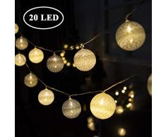 GIGALUMI LED Kugel Lichterkette Ø 6 cm 20 Stück Grau und Weiß Baumwolle Kugel Batterie betrieben innen Deko für Weihnachten, Hochzeit, Party usw.