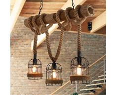 Rustikal Hanfseil Eisen Leuchter Pendelleuchte Retro Vintage Seilleuchte Seil Lichter Kronleuchter Runde Hängend Eisen Käfig Hängelampe, Rahmen Handgewebt Deckenlampe Beleuchtung