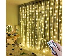 LED Lichtervorhang 3x3m IP65 Wasserfest 300 LEDs USB Lichterkettenvorhang mit 8 Lichtmodelle für Wohnzimmer innen Haus Schlafzimme Party Weihnachten Hochzeit Geburtstag Garten Fenster (Warmweiß)