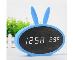 ZHTY Holzuhr LED Alarm Sound Control Mute Kalender Temperatur Gehorsam Kaninchen Silikon Kreative Holzuhr Elektronisch, Holzlampe Schwarz + Blau