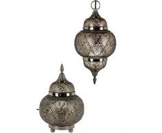 2er Set Orientalische Messing Pendelleuchte & Tischlampe Huriye Silber E27 Lampenfassung | Marokkanische Design Hängeleuchte Nachttischlampe Leuchte Lampenschirm Modern Vintage Retro & Landhaus Stil