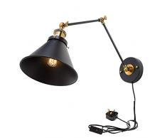 AKBOY Industrielle Retro Wandlampe Vintage Wandleuchte mit Schalter und Stecker, E27 Antik Wandleuchten Schmiedeeisen mit Einstellbar Kopf Langen Arm Einstellbare drehen Rustikale Wand Lampe, Schwarz