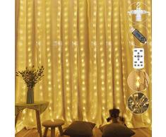 300 LED USB Lichtervorhang,3M*3M Weihnachtsbeleuchtung Warmweiß 8 Verschiedene Modi der Fernbedienung Timer Lichterkette Fenster für Innen und Außen, deko schlafzimmer, Party, zimmer,IP65 Wasserdicht