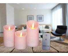 Coen Bakker 3er Set Kerze LED Echtwachskerze mit Fernbedienung Wachskerze viele Farben 10 cm + 12,5 cm + 15 cm Kerze Ø 7,5 cm flackender Docht Kerzen, Farbe:Rosa