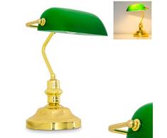Klassische Bankerlampe, Retro Tischlampe aus Metall in poliertem Messing, Leuchtenschirm aus Glas in Grün, E27-Fassung max. 60 Watt, Tischleuchte für Büro u. Schreibtisch