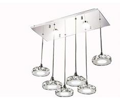 LED Pendelleuchte 6042D-6fl Luxus-Design. Kristall klar Edelstahl Chrom 3 Modus (Pendellicht 6x5W kaltweiß 6500k, Spots 2x4W warmweiß 2700k) + FB